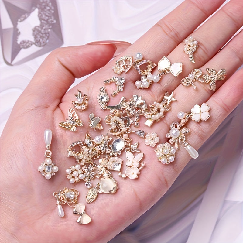 200pcs Elegant Nail Art Jewels, 3D Alloy Nail Jewelry Set, with Rhinestones and Faux Gemstones, Unscented DIY Manicure Accessories